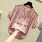 Chiffon Shirt Large Size Loose Women's Top Fashion Casual Hollow Lace Up Short Sleeve Top