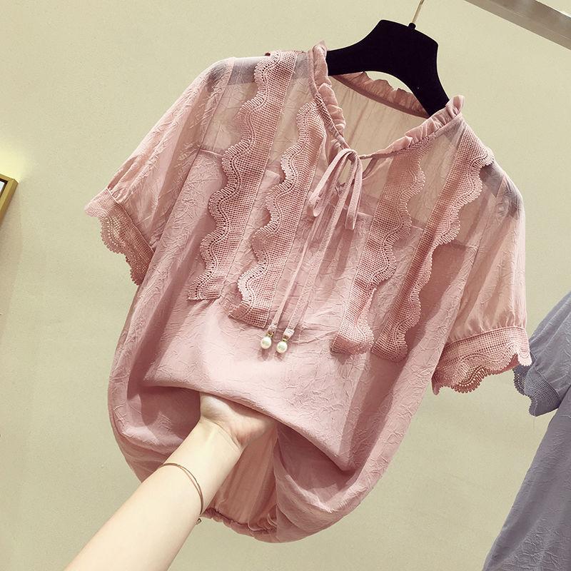 Chiffon Shirt Large Size Loose Women's Top Fashion Casual Hollow Lace Up Short Sleeve Top