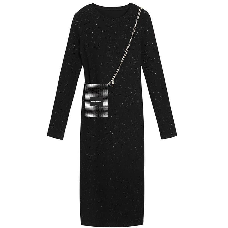 Shiny Long Sleeved Black Dress Sexy Slim Female Knee Length Dress Solid Elegant Party Dress Night