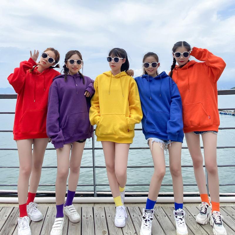 Plus Size Hoodie Candy Color Sisters Couple Loose Hooded Solid Color Sweater Class Clothes Girlfriends Jacket  Long Sleeve Pockets Pullover Sweatshirt