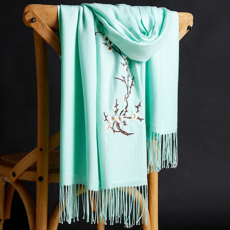 Winter Solid Color Imitation Cashmere Embroidered Scarf Mid-length Ladies Ethnic Style Tassel Shawl Warm Scarf Fabric Soft
