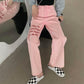 Pink Letters Embroidery Jeans Large Size High Waist Loose Straight Casual Long Pants