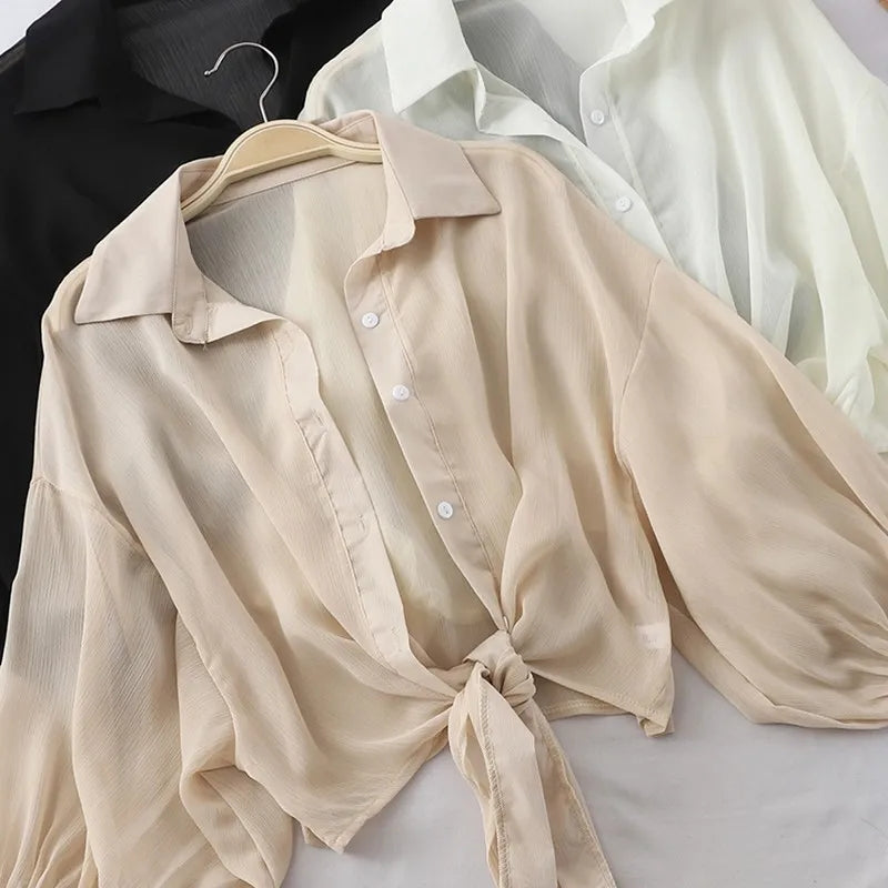 Summer Shirt Half Sleeve Buttoned Up Loose Casual Blouse Chiffon Shirts Women Tied Waist Elegant Blouses for Women