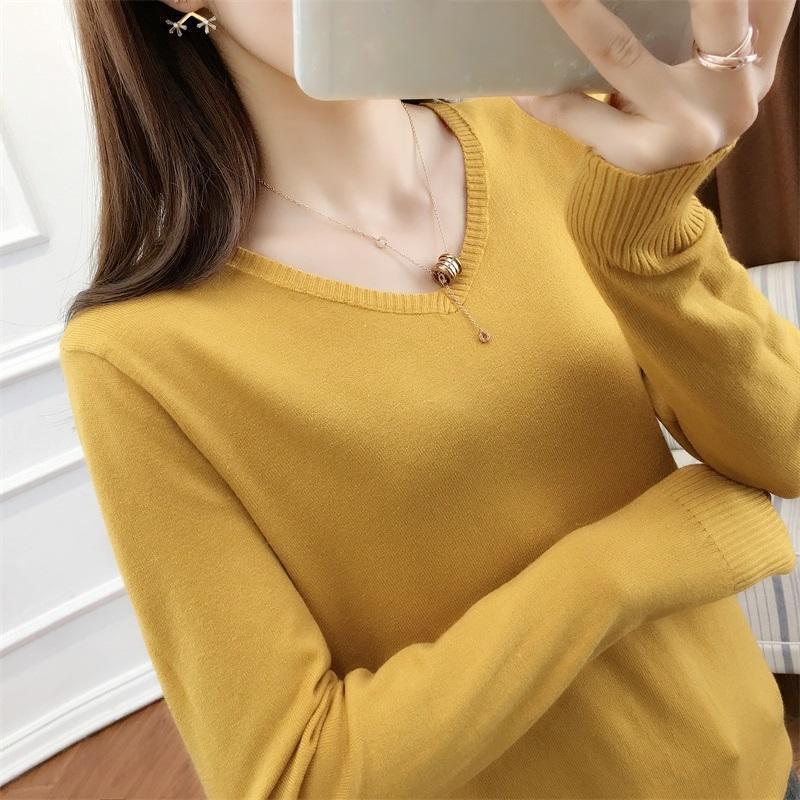 Spring and Autumn V-neck Loose Sweater Solid Color Knit Sweater Long-sleeved Bottoming Shirt Fashion Simple Female Top