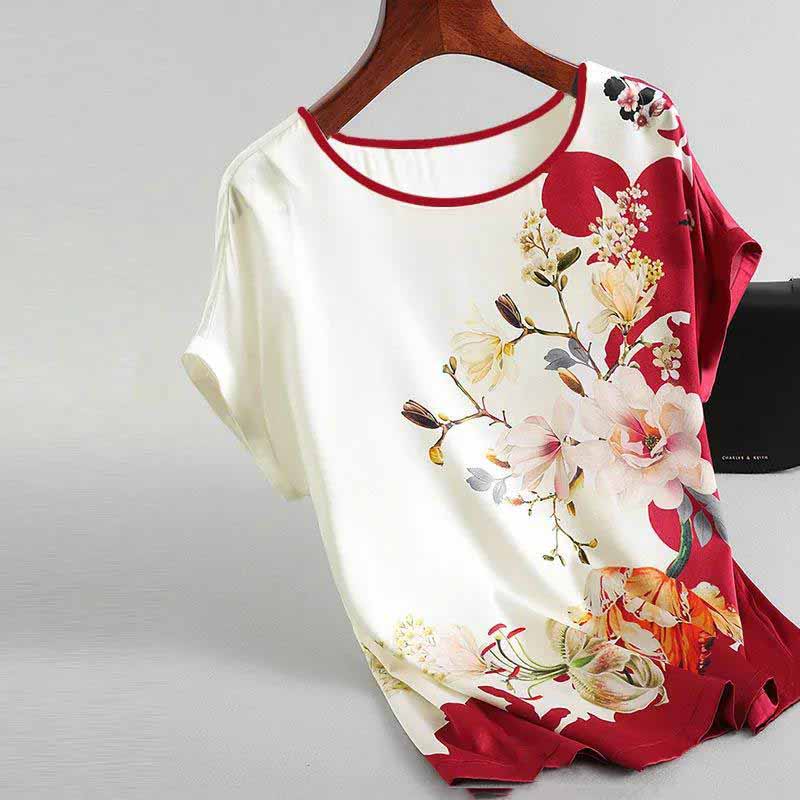 Ice Silk Fabric Positioning Printing T-shirt Women's Summer Large Size Shirt Round Neck Bottoming Shirt Ladies Loose T-shirt