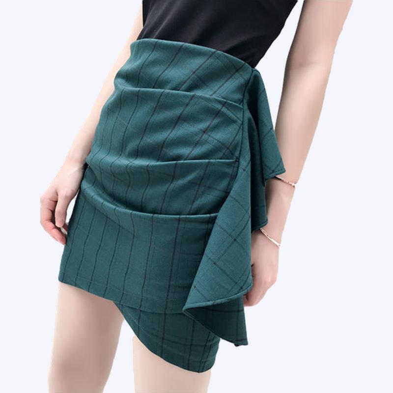WTEMPO Green Ruffle Women Sexy Tight A-line Hip Skirt Short Skirt Above Knee Zipper Elastic Waist Club Casual Home Office