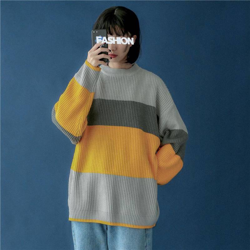 Pofulove Autumn Winter Thick Sweater Women Fashion Loose Outer Pullover Jacket Knitting Blue Yellow