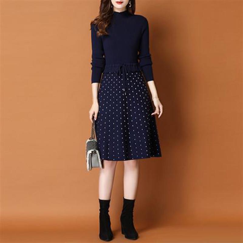 Winter Knit Dress Long Sleeve Slim Fit Polka Dot Sweater Dress Lady Ladies Warm Long Skirt