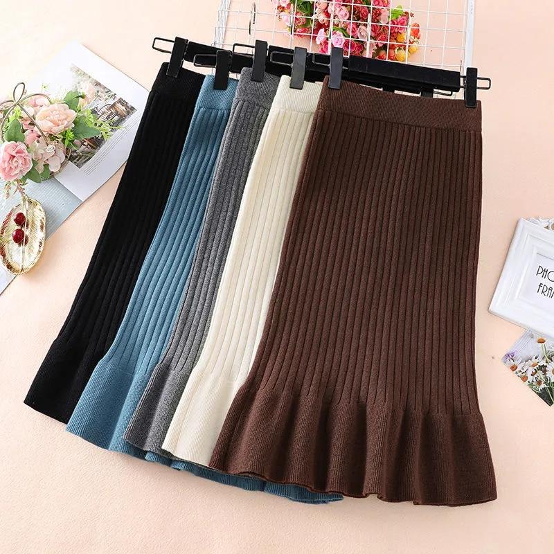 Skirts Womens Knitted Skirt Female Spring Hip Skirts Solid Color Mid-length Wool Skirt Stretchy Ruffled Mermaid Skirts