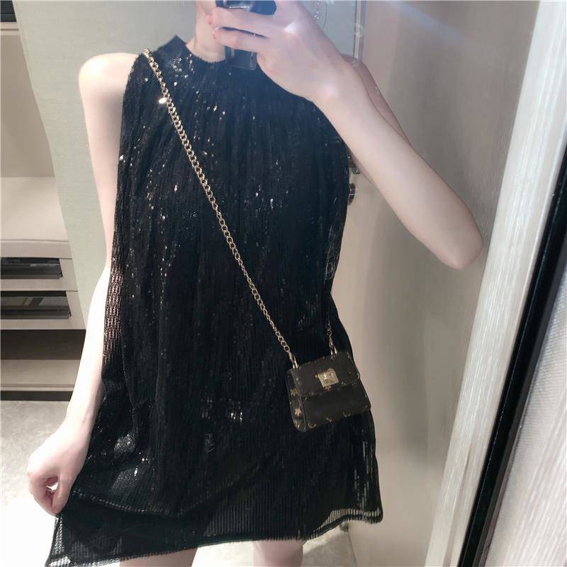 Tutu Sequins Shiny  Women's Summer Vest Dress Sleeveless Round Neck Knee-length Daily Wear Home Dating Party