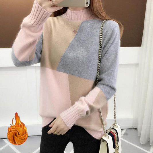 Color Matching Padded Jacket for Autumn and Winter, Long-sleeved Half Turtleneck Knitted Bottoming Shirt