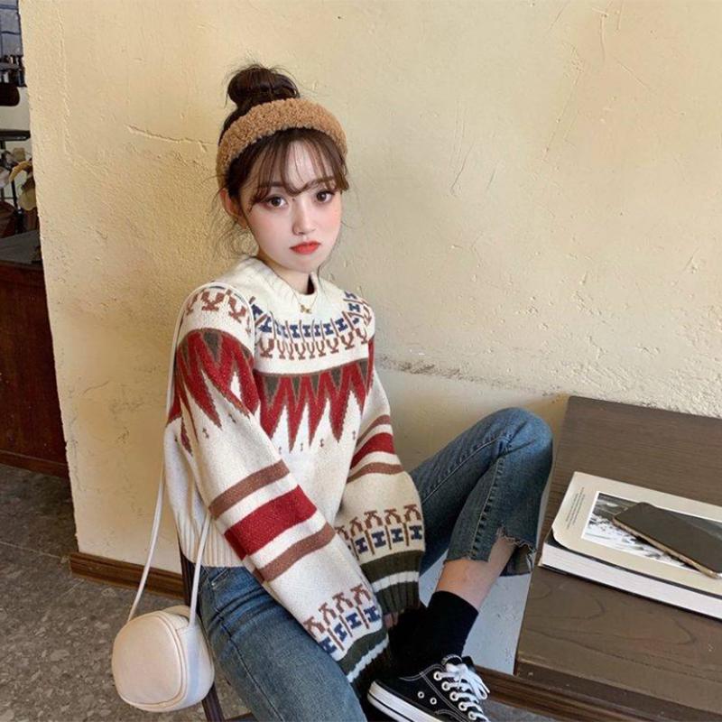 Pofulove women's hooded long-sleeved sweater Loose wind thickening contrast color short sweater