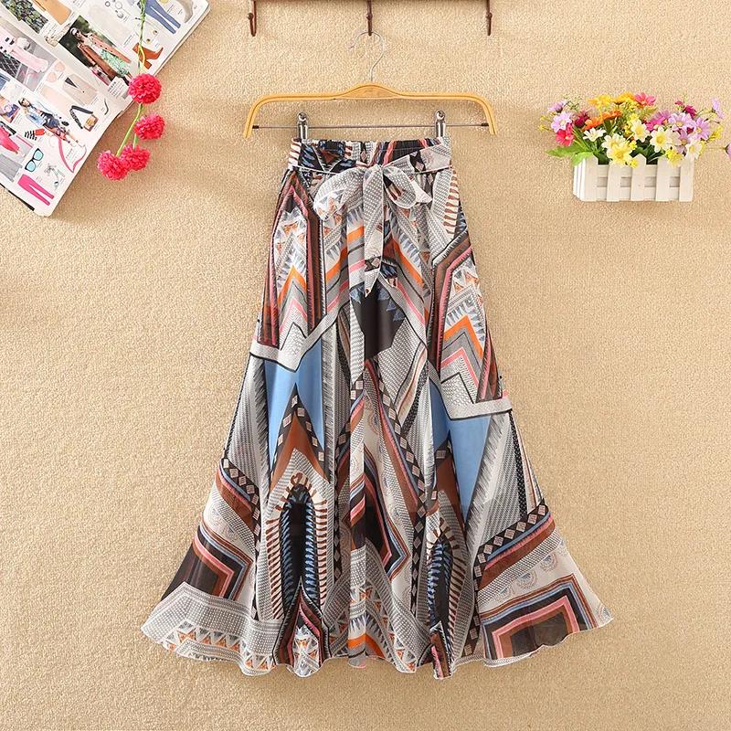 Spring and Summer Mid-length Chiffon Print Bow Boho Beach Skirt Women's Skirt