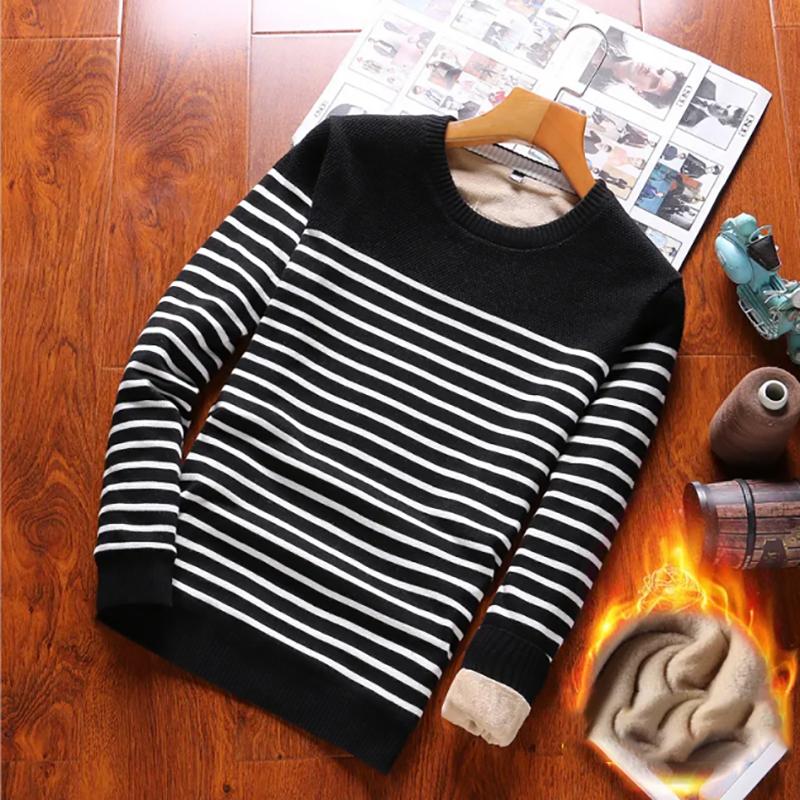 Mens Sweater Pure Cotton Striped Bottoming Sweater Long-sleeved Sweatshirts Plus Velvet Thickening To Keep Warm Autumn