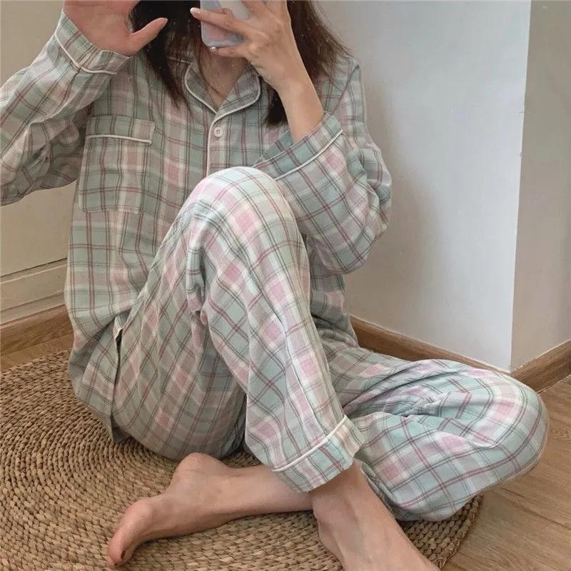 Women Plaid Pajamas Cartoon Cute Pyjamas Set Turn-down Collar Sleepwear Suit Casual Loose Home Wear V Neck Girls Long Sleeve Autumn Winter Nightwear