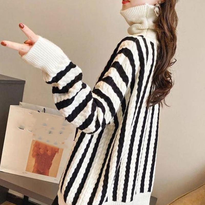 Thick High Neck Vertical Striped Sweater Women's Pullover Fall Winter Loose Casual Fashion Jacket Women
