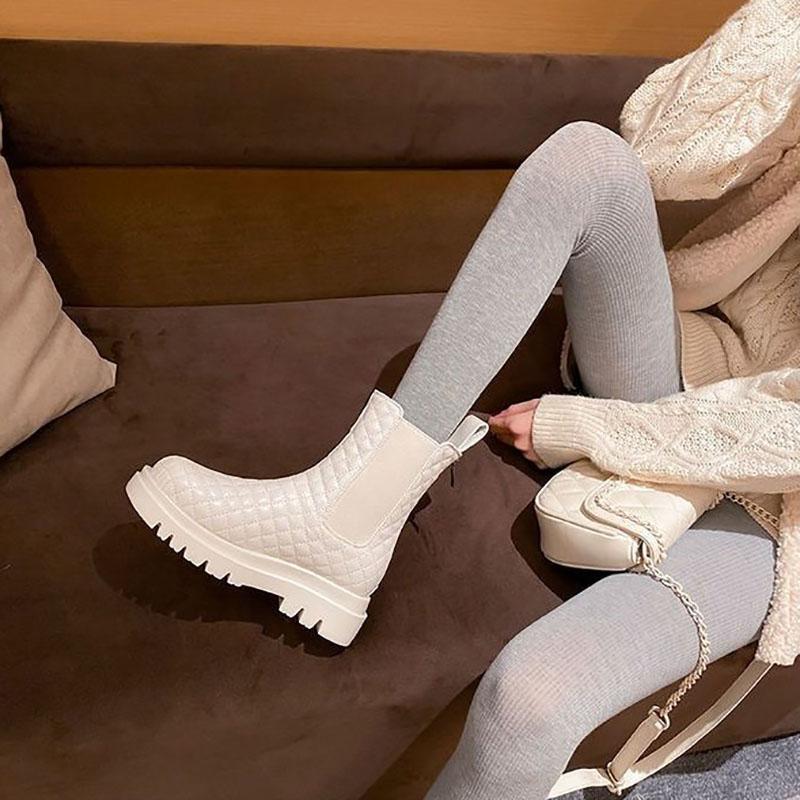 Fur Snow Boots Women's Thick-soled Plus Velvet Warm Cotton Boots In Tube Martin Boots Leather Back Zipper Diamond Short Boots
