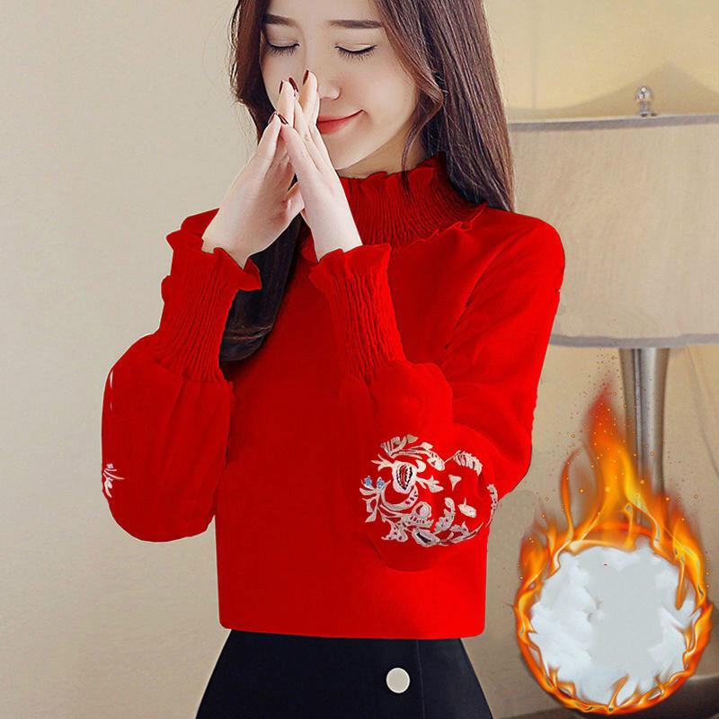 Pofulove Wild High Collar Long Sleeve Shirt Women Plus Velvet Embroidered Shirt Women Loose