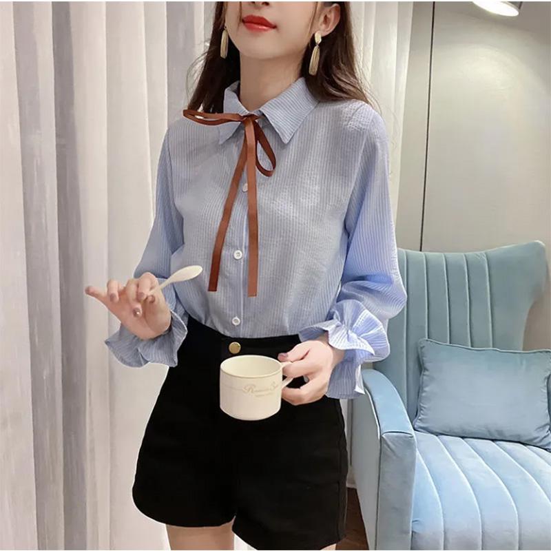 Slim Striped Ladies Shirt Bow Tie Long Sleeve Bottoming Cardigan