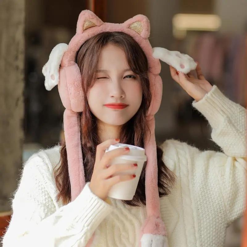 Removable Earmuffs for Womens Winter Cute Cat Claw Warm Ear Muffs Cartoon Cat Ears Plush Earflap Windproof Ear Protection Earlap Cover Antifreeze