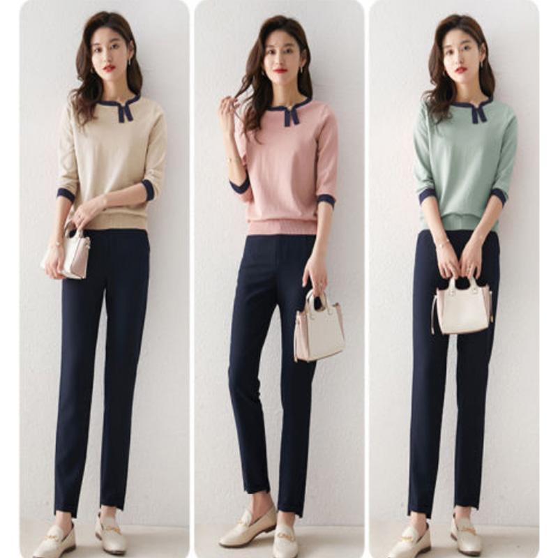 Contrast Color Design Sense Asymmetric Ladies Shirt Sweater Knitted Sweater Ice Silk Three-quarter Sleeve Pullover