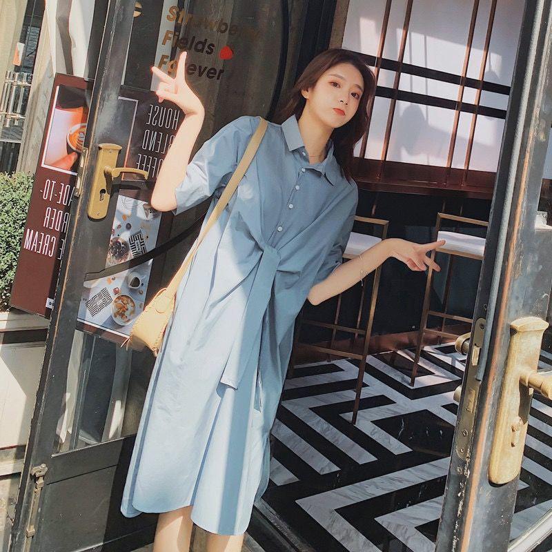 Women T-shirt Dress with Belt Loose Turn-down Collar Casual Loose Big Pocket Short Sleeve Buttons Dress Irregular Split Fork