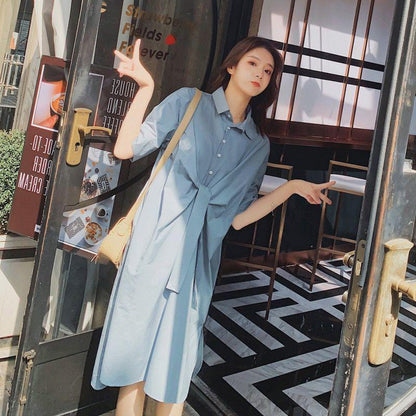 Women T-shirt Dress with Belt Loose Turn-down Collar Casual Loose Big Pocket Short Sleeve Buttons Dress Irregular Split Fork