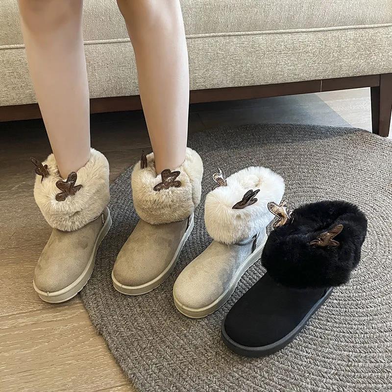 Winter Warm Cute Elk Antlers Snow Boots Fur One Plus Velvet Thick Cotton Shoes Boots Women