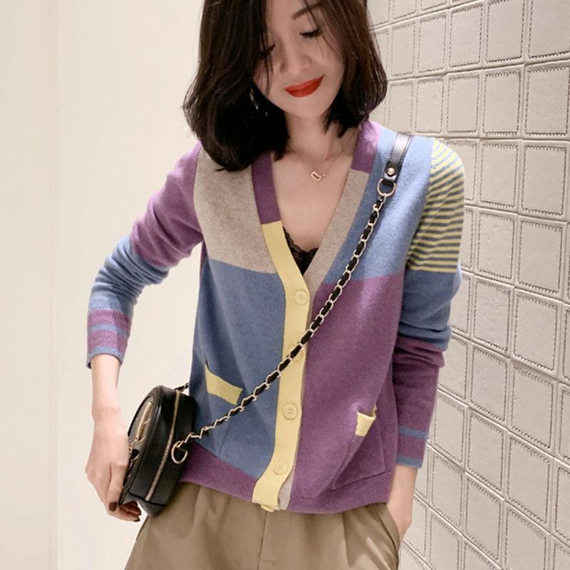 Color-block Knit Sweater Long-sleeved Loose V-neck Sweater Cardigan Jacket Female Spring and Autumn Korean Version of All-match Thin Top