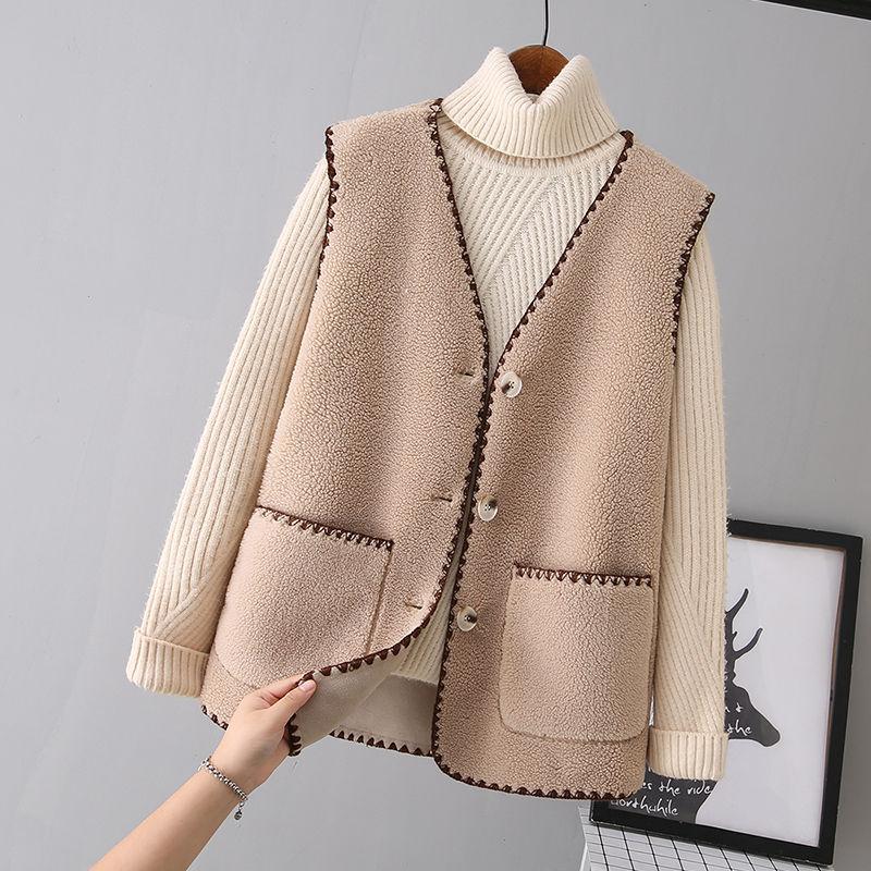 Lamb Plush Vest Female Autumn and Winter Temperament Outer Wear Fur Waistcoat Vest Vest V-neck Sleeveless Button Jacket
