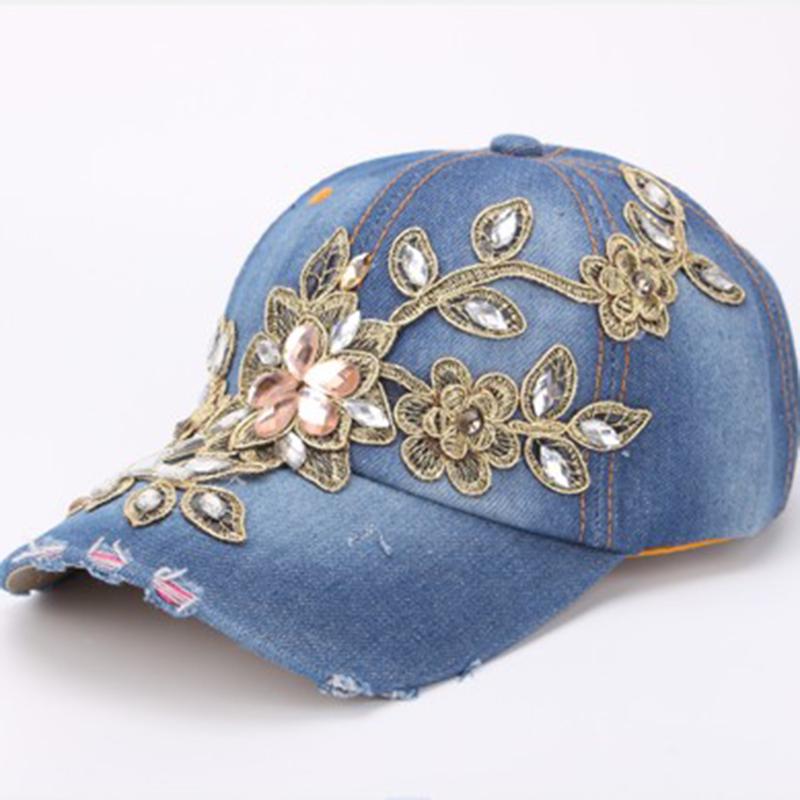 Spring New Shiny Fashion Women Diamond Flower Baseball Cap Lady Rhinestone Jean Ha
