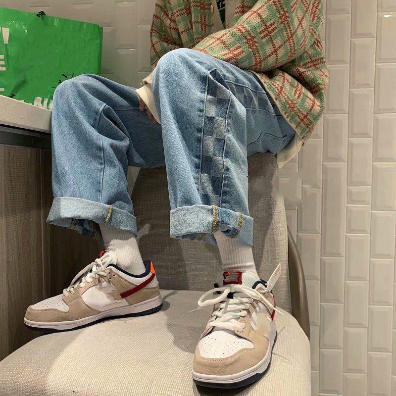 Spring and Summer Plaid Stitching Jeans Men's Design Sense Pants Straight Loose Nine-point Pants Tide Ins