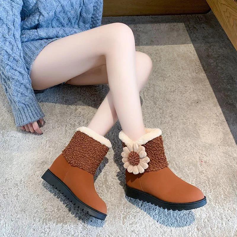 Women's Winter Short Martin Boots Autumn Leather Suede Low Heel Cotton Shoes Solid Color Warm Snow Boots