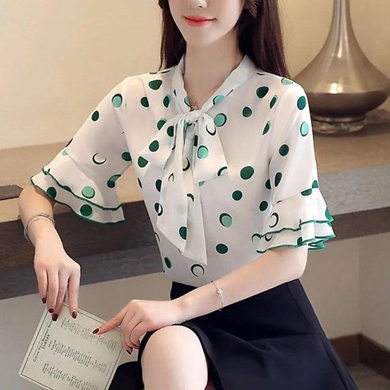 S-4XL Women's Spring Summer Short Sleeve Blouses Large Size Loose V-Neck Solid Color Slim Dots Print Tops