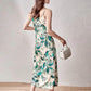 Female Green Leaf Print Satin Suspender Dress Vintage Elegant Slim Backless Long Holiday Dress