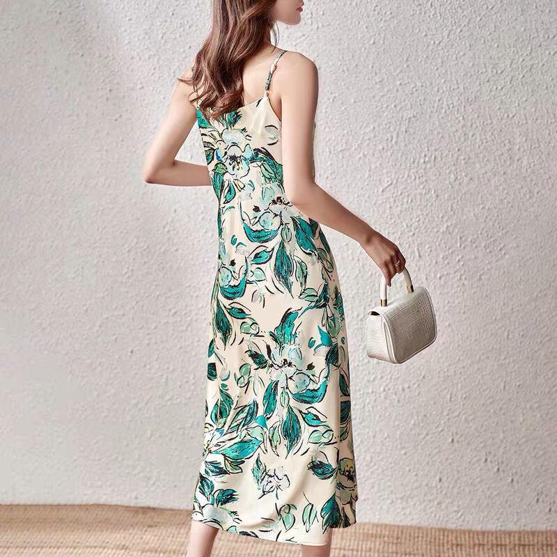 Female Green Leaf Print Satin Suspender Dress Vintage Elegant Slim Backless Long Holiday Dress