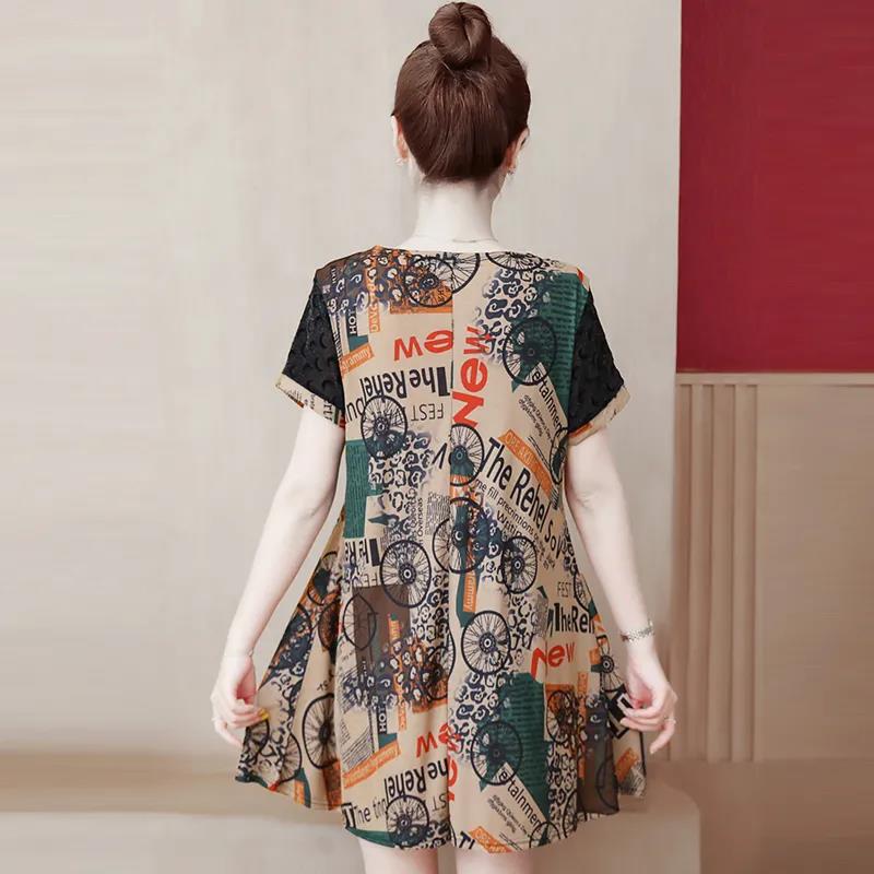 Large Size L-XXXXXL Women's Summer Dress Chiffon Veil Printing Above Knee V-neck Ruffle Short Sleeve Loose
