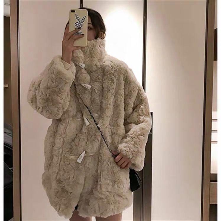 Winter Lamb Velvet Fur Coat Female Stand-up Collar Mid-length Lazy Style Horn Button Imitation Rex Rabbit Fur Coat