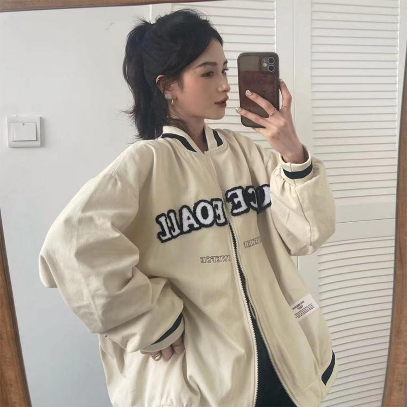 Baseball Uniform Jacket Women's Spring and Autumn Solid Color Outer Wear Casual Sports Loose Salt Fried Street Jacket Tide