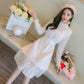 Autumn and Winter Korean Women's Long-sleeved Knitted Lace Dress Mid-length Loose and Thin Base Dress