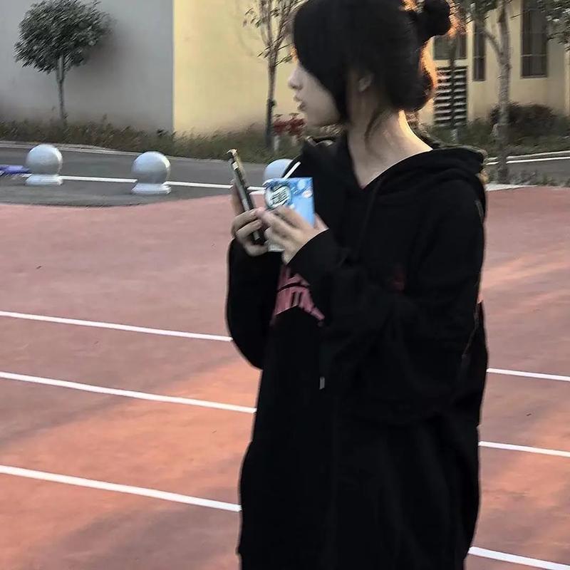 Women Hoodies Sweatshirts Black Pink Hooded Pullover Hoodies Oversized Streetwear Fashion Sweatshirts Autumn Winter Thick Fleece Top Clothes Hip Hop