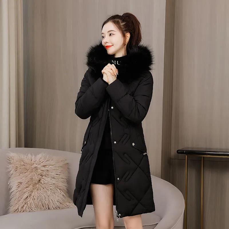 Winter Down Jacket Fashion Waist Mid-length Padded Jacket Women's Solid Color Hooded Fur Collar Jacket Thickened Warmth Plus Size Down Jacket
