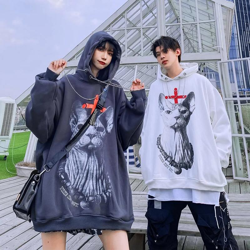 Gothic Punk Sweatshirts Pullover Hoodies Women White Black Printed Oversized Harajuku Sport Shirt Fashion Streetwear Tops with Chain Girl Long Hoodies