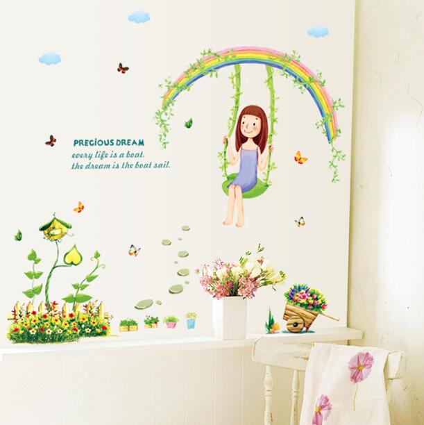 romantic rainbow under the swing and girl green plants grass summer spriing wall sticker