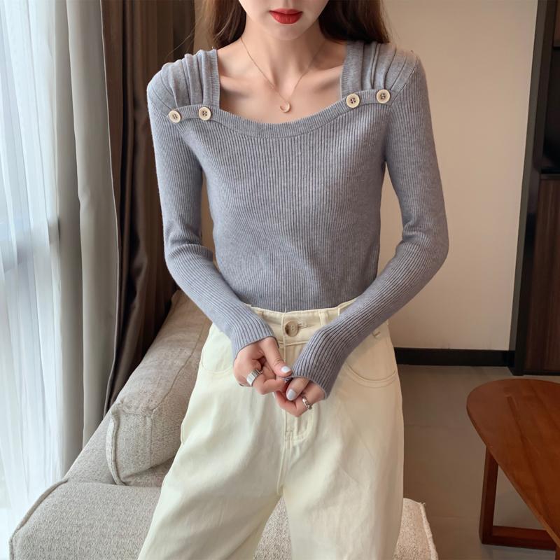 Women Winter Sweater White Pink Purple Square Collar Long Sleeve Slim Pullovers Korean Fashion Knitted Jumper Fall Casual Solid Women Girl Knitwear