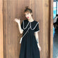 Pofulove S-4XL Women Plus Size O-neck Black Dress Loose Slim Sweet Short-sleeved Cheongsam Dress