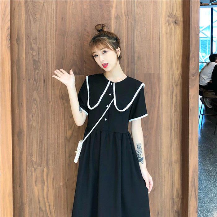 Pofulove S-4XL Women Plus Size O-neck Black Dress Loose Slim Sweet Short-sleeved Cheongsam Dress