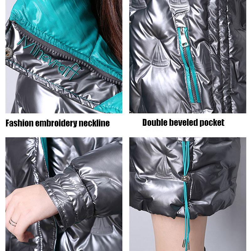 Shiny Winter Jacket Women Mid-length Stand-up Collar Thick Warm Loose  Padded Jacket Windproof Drawstring Ladies Coats