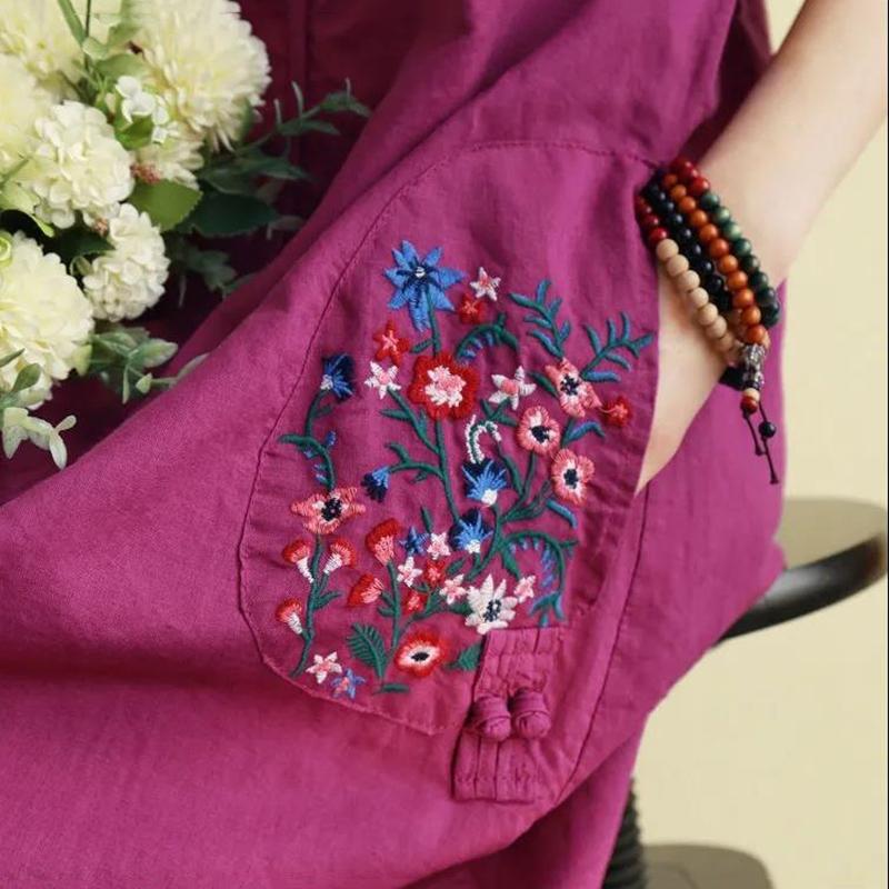 Retro Ethnic Style Cotton and Linen Embroidered Dress Long Full Length Buckle Loose Chinese Style