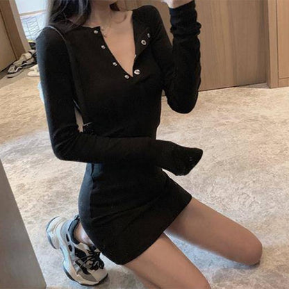 Pofulove ship skirt was thin skirt exy slim long-sleeved high waist dress female temperament